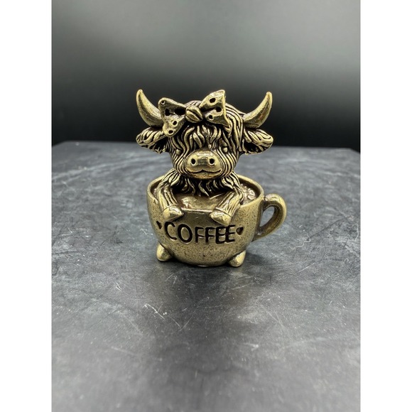 Other - 🐮☕ Miniature Brass Highland Cow in Coffee Cup – Cute Figurine‎ ☕🐮